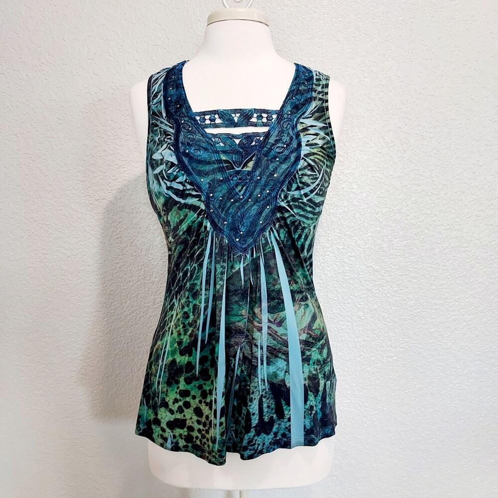One World Printed Blue Green Graphic w/Lace Accent Boho Size L